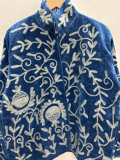 The Anar Bagh — Suzani-Embroidered Velvet Jacket — Peacock Teal with Ivory Vinework