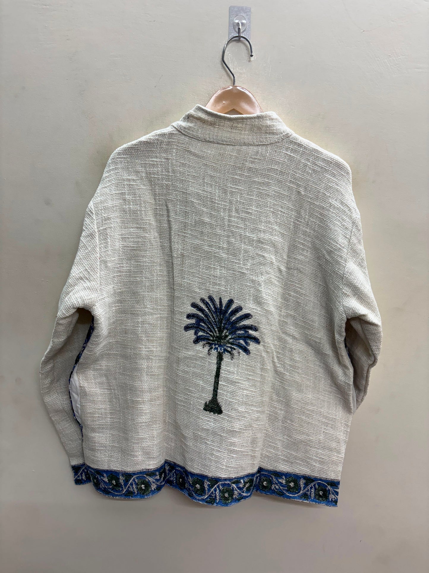 The Khejri Oasis — Hand-Embroidered Cotton Jacket — Undyed Ivory with Indigo Palm