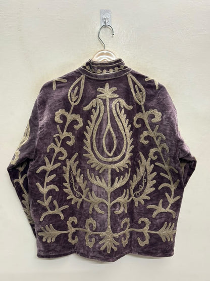 The Samarkand Bloom — Suzani-Embroidered Velvet Jacket — Dusk Mauve with Ivory Vinework