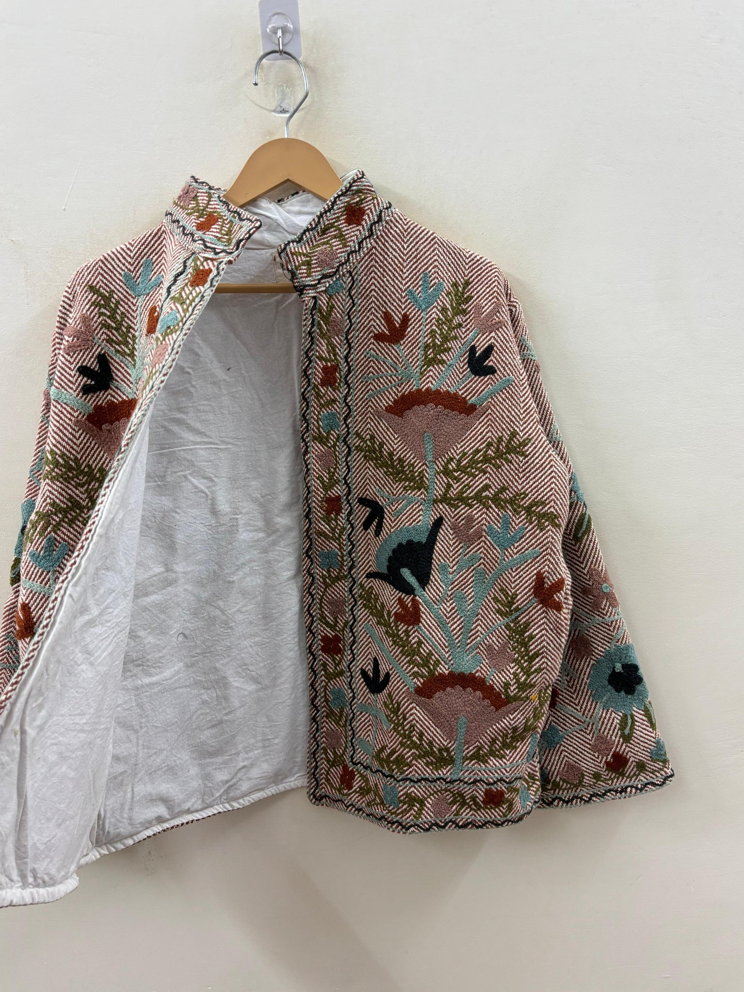 The Garden of Wandering Birds — Crewel Embroidered Herringbone Cotton Jacket — Dusty Rose & Ivory - Default Title - Zoshak Jacket
