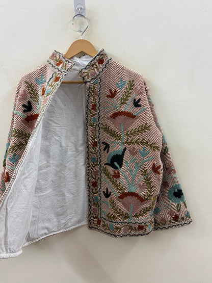 The Garden of Wandering Birds — Crewel Embroidered Herringbone Cotton Jacket — Dusty Rose & Ivory - Default Title - Zoshak Jacket