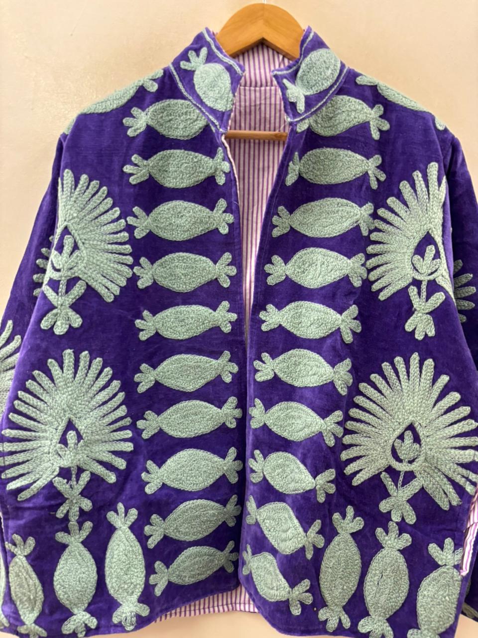 The Indigo Garden — Suzani Embroidered Velvet Jacket — Royal Violet & Sage Mint - Default Title - Zoshak Jacket