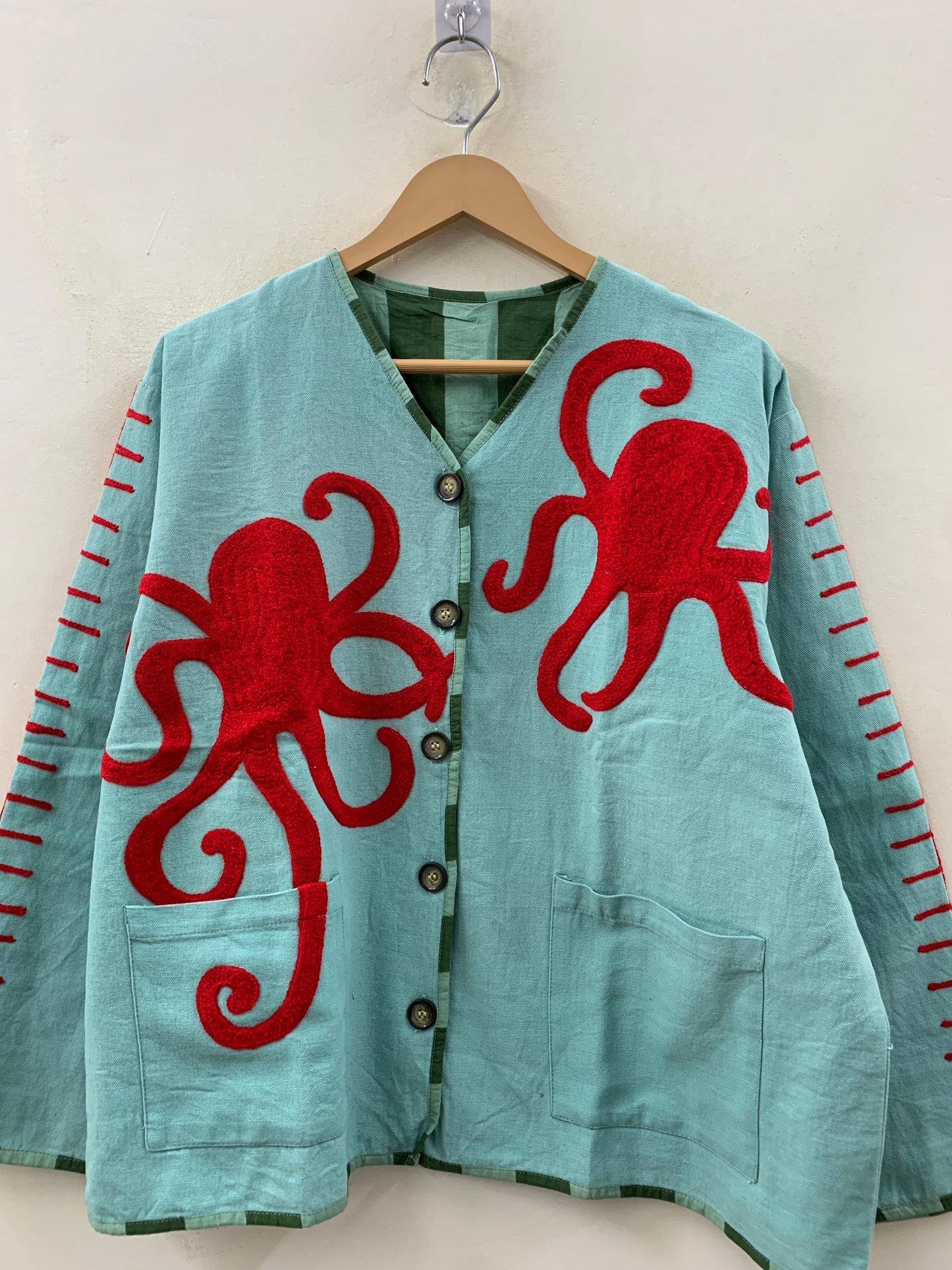 The Ink & Tide — Tufted Appliqué Cotton Jacket — Seafoam & Crimson - Default Title - Zoshak Jacket