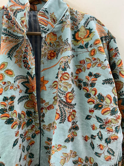 The Mughal Garden — Block-Printed Quilted Velvet Jacket — Dusty Aqua & Autumn Bloom - Default Title - Zoshak Jacket