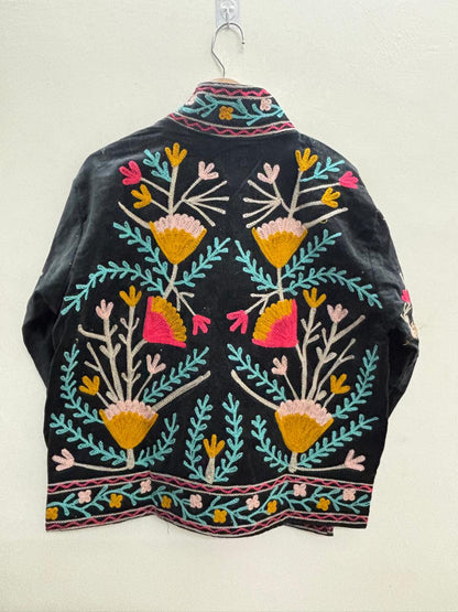 The Gulbagh — Sozni Chain-Stitch Velvet Jacket — Midnight Black
