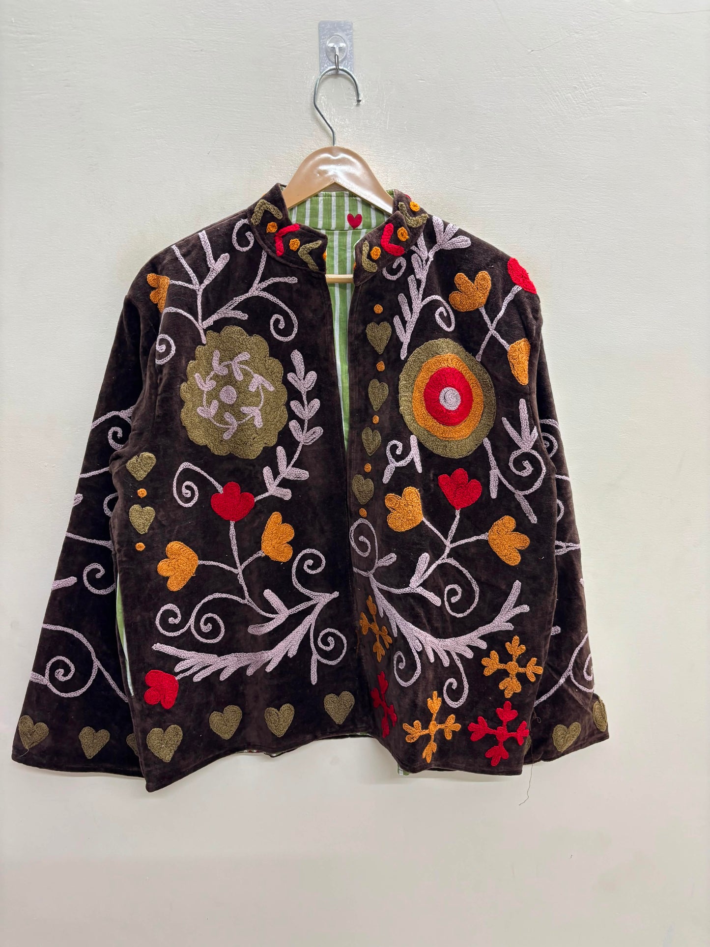 The Anar Baagh — Suzani Embroidered Velvet Jacket — Espresso Brown with Marigold & Ruby Blooms