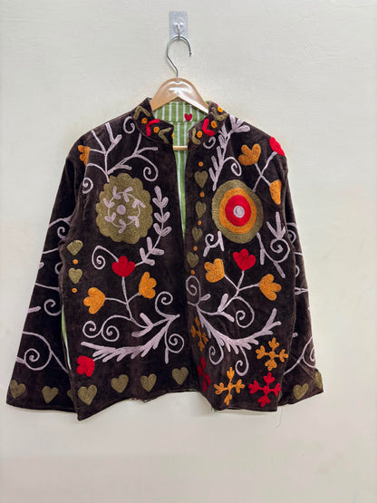 The Anar Baagh — Suzani Embroidered Velvet Jacket — Espresso Brown with Marigold & Ruby Blooms