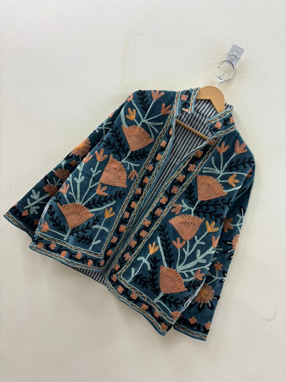 Suzani hand-embroidered antique rose velvet jacket with poppy and marigold floral motifs, handcrafted in Jaipur | Zoshak