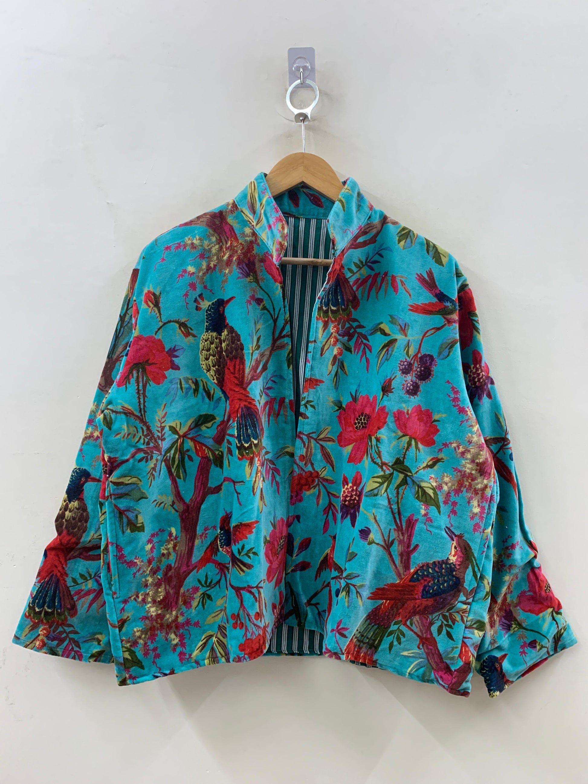 The Turquoise Garden — Printed Velvet Jacket — Turquoise with Botanical Bird Print - Default Title - Zoshak Jacket
