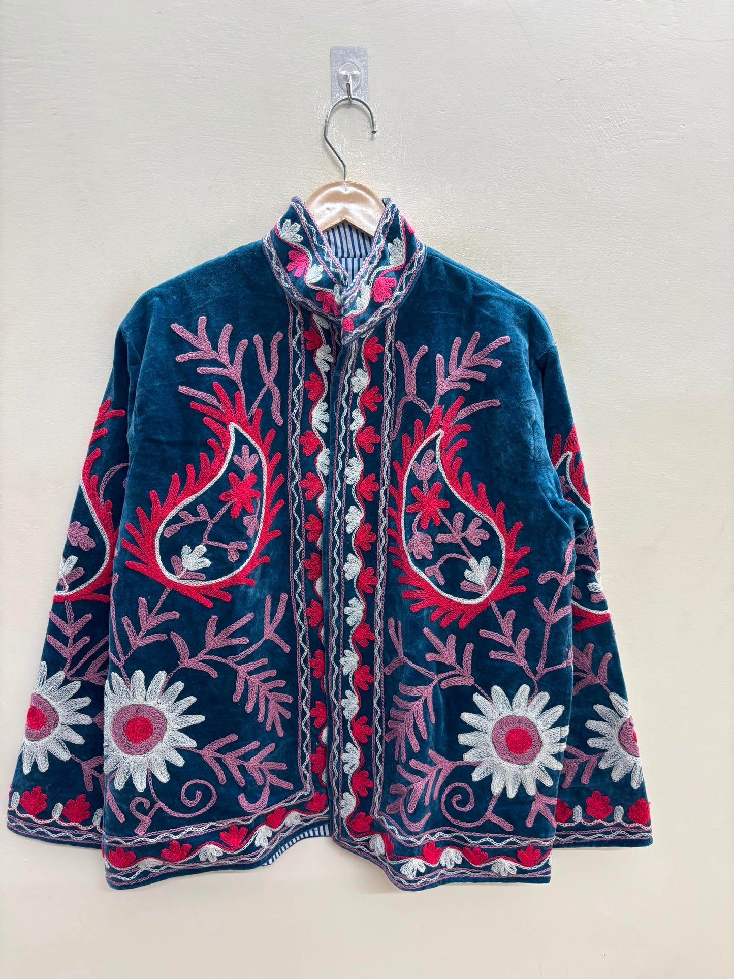 The Samarkand Nights — Suzani Embroidered Velvet Jacket — Denim Blue with Raspberry & Lilac Bloom