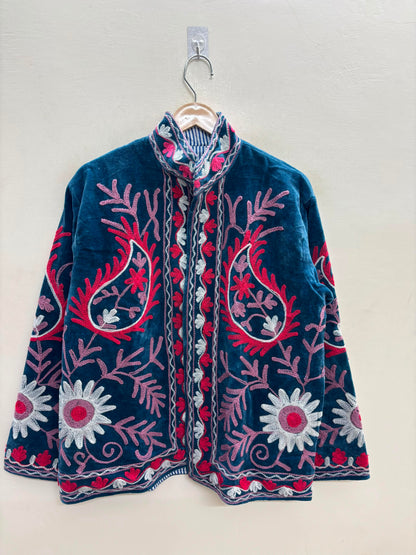 The Samarkand Nights — Suzani Embroidered Velvet Jacket — Denim Blue with Raspberry & Lilac Bloom
