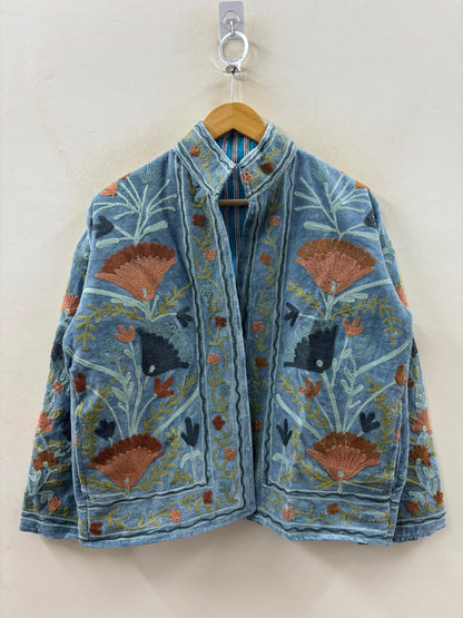 The Garden of Dusk — Suzani Hand-Embroidered Velvet Jacket — Washed Slate Blue - Default Title - Zoshak Jacket