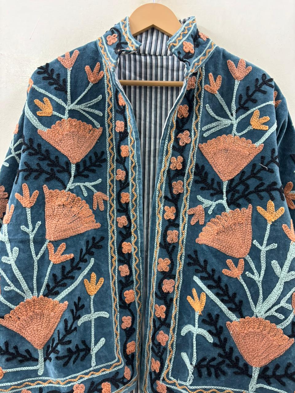 Suzani hand-embroidered antique rose velvet jacket with poppy and marigold floral motifs, handcrafted in Jaipur | Zoshak