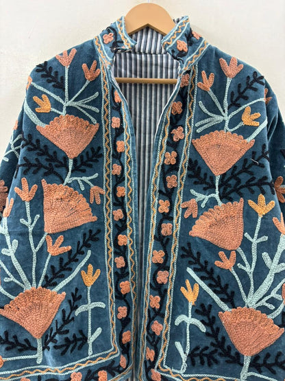 Suzani hand-embroidered antique rose velvet jacket with poppy and marigold floral motifs, handcrafted in Jaipur | Zoshak