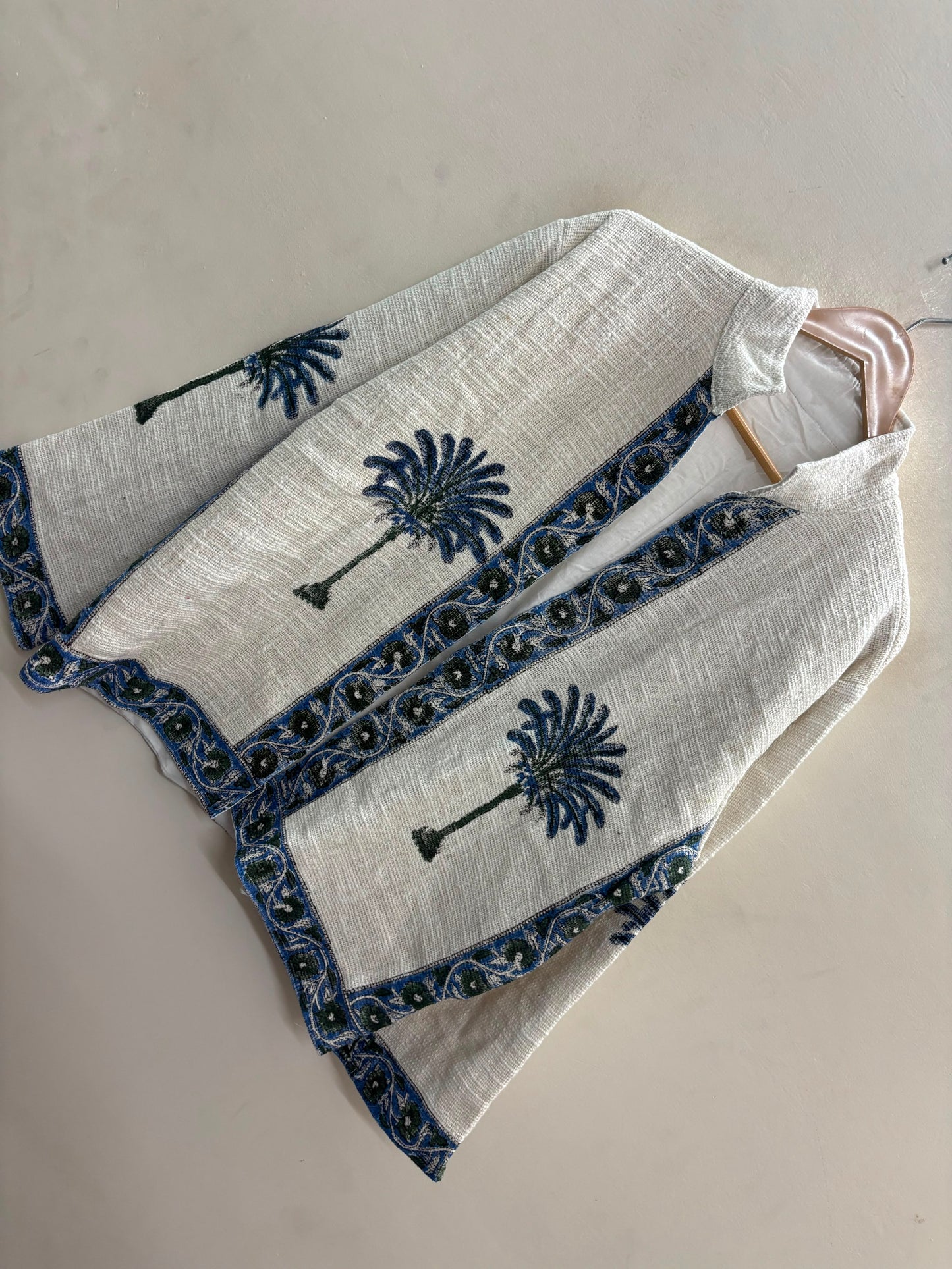 The Khejri Oasis — Hand-Embroidered Cotton Jacket — Undyed Ivory with Indigo Palm