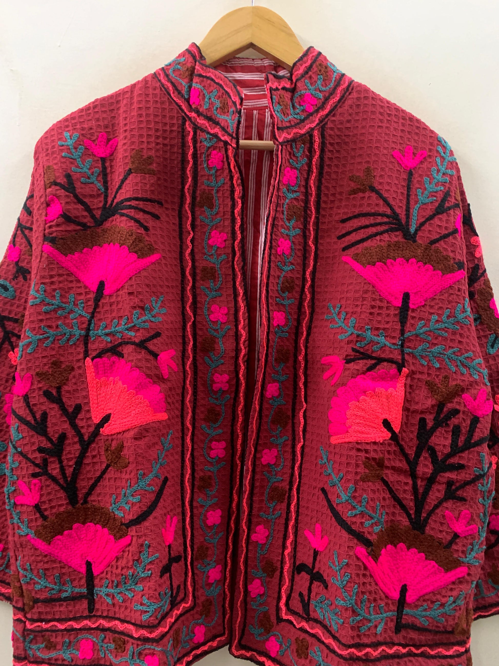 The Berry Suzani — Coral Flame — Hand-Embroidered Waffle Cotton Jacket - Default Title - Zoshak