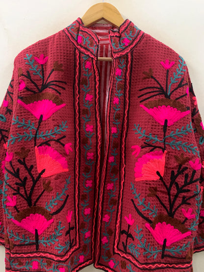 The Berry Suzani — Coral Flame — Hand-Embroidered Waffle Cotton Jacket - Default Title - Zoshak