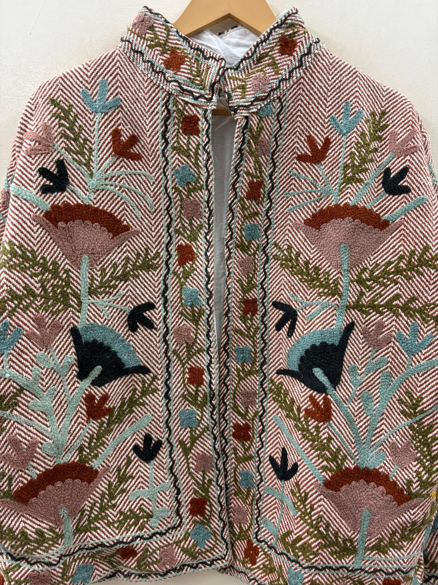 The Garden of Wandering Birds — Crewel Embroidered Herringbone Cotton Jacket — Dusty Rose & Ivory - Default Title - Zoshak Jacket