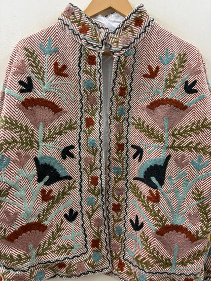 The Garden of Wandering Birds — Crewel Embroidered Herringbone Cotton Jacket — Dusty Rose & Ivory - Default Title - Zoshak Jacket