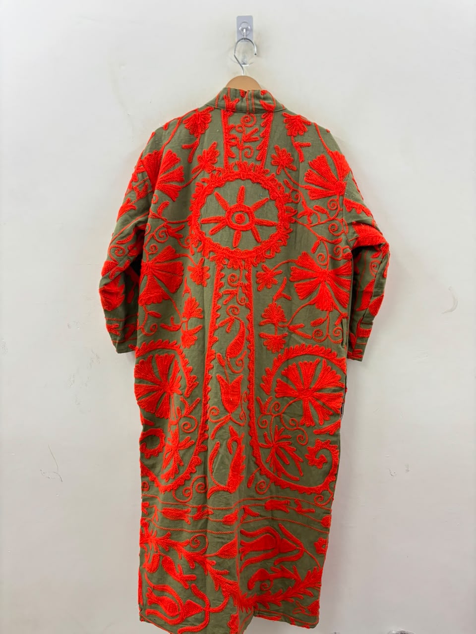 The Samarkand Sun — Suzani Embroidered Cotton Kimono — Olive & Vermillion