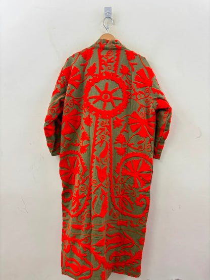 The Samarkand Sun — Suzani Embroidered Cotton Kimono — Olive & Vermillion