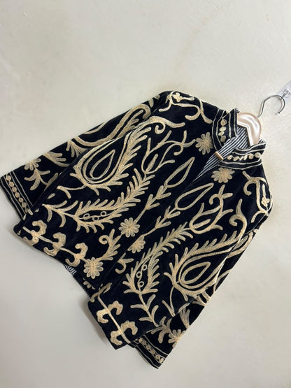 The Lalezar — Suzani-Embroidered Velvet Jacket — Black with Ivory Tulip Vine Embroidery