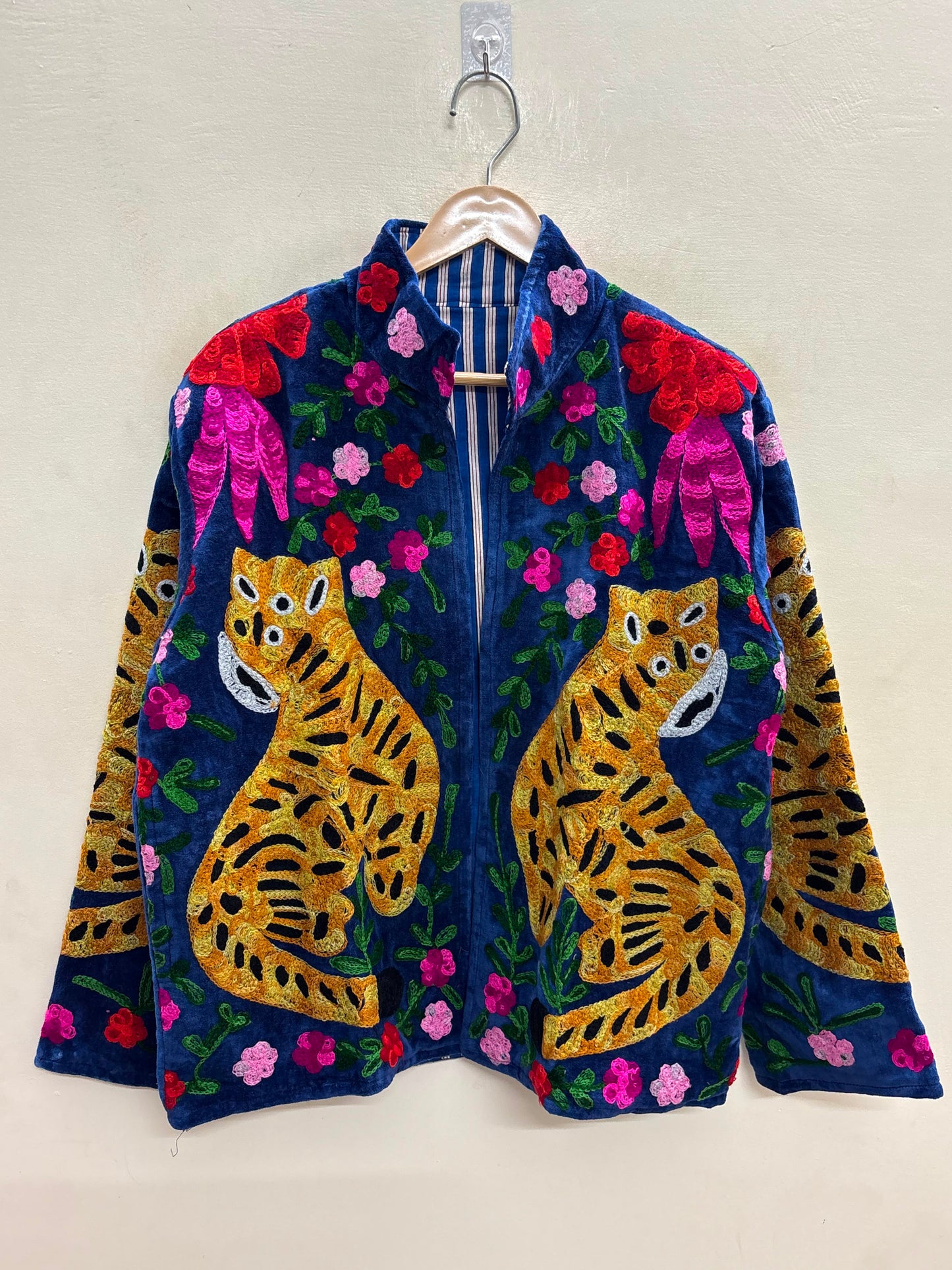 The Tiger's Garden — Suzani Embroidered Velvet Jacket — Indigo Blue with Marigold Tigers