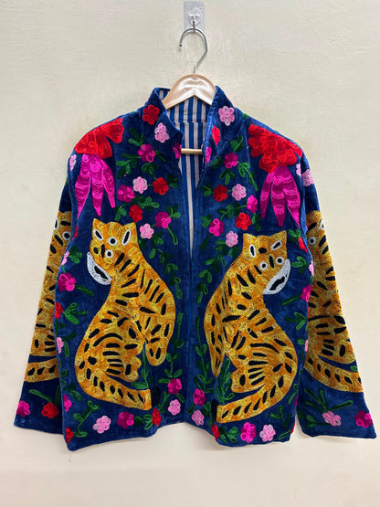 The Tiger's Garden — Suzani Embroidered Velvet Jacket — Indigo Blue with Marigold Tigers