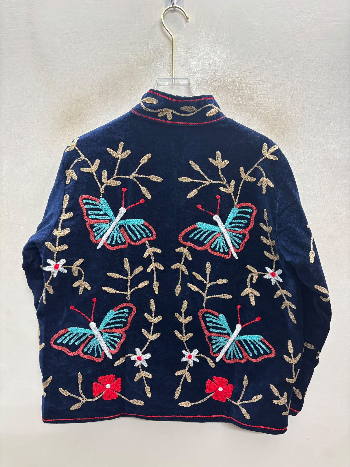 The Titli Bagh — Suzani Hand-Embroidered Velvet Jacket — Midnight Navy with Turquoise Butterflies & Gold Vines