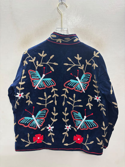 The Titli Bagh — Suzani Hand-Embroidered Velvet Jacket — Midnight Navy with Turquoise Butterflies & Gold Vines