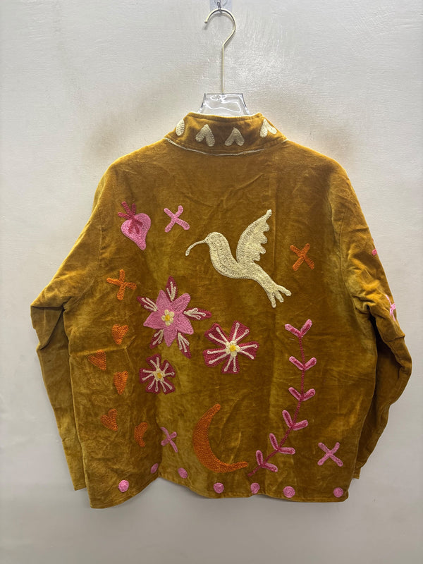 The Chidiya Bagh — Suzani Hand-Embroidered Velvet Jacket — Mustard Gold with Ivory Hummingbird & Rose Florals