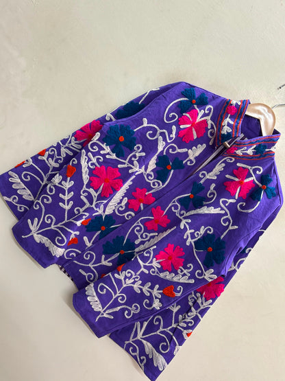 The Violet Suzani — Hand-Embroidered Cotton Jacket — Deep Purple with Fuchsia & Teal Florals