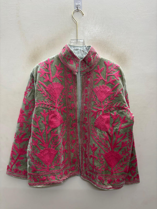 The Sagewood Bloom — Suzani Hand-Embroidered Velvet Jacket — Sage Green with Rani Pink Florals