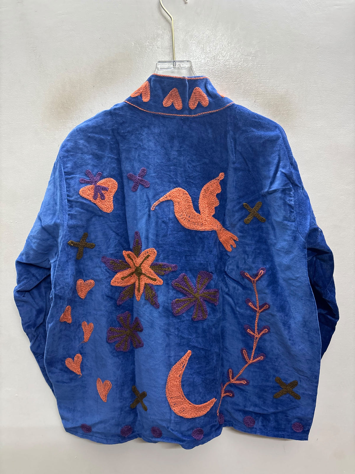 The Ashwa Mela — Suzani Hand-Embroidered Velvet Jacket — Cornflower Blue with Coral, Violet & Olive Folk Motifs