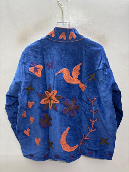 The Ashwa Mela — Suzani Hand-Embroidered Velvet Jacket — Cornflower Blue with Coral, Violet & Olive Folk Motifs