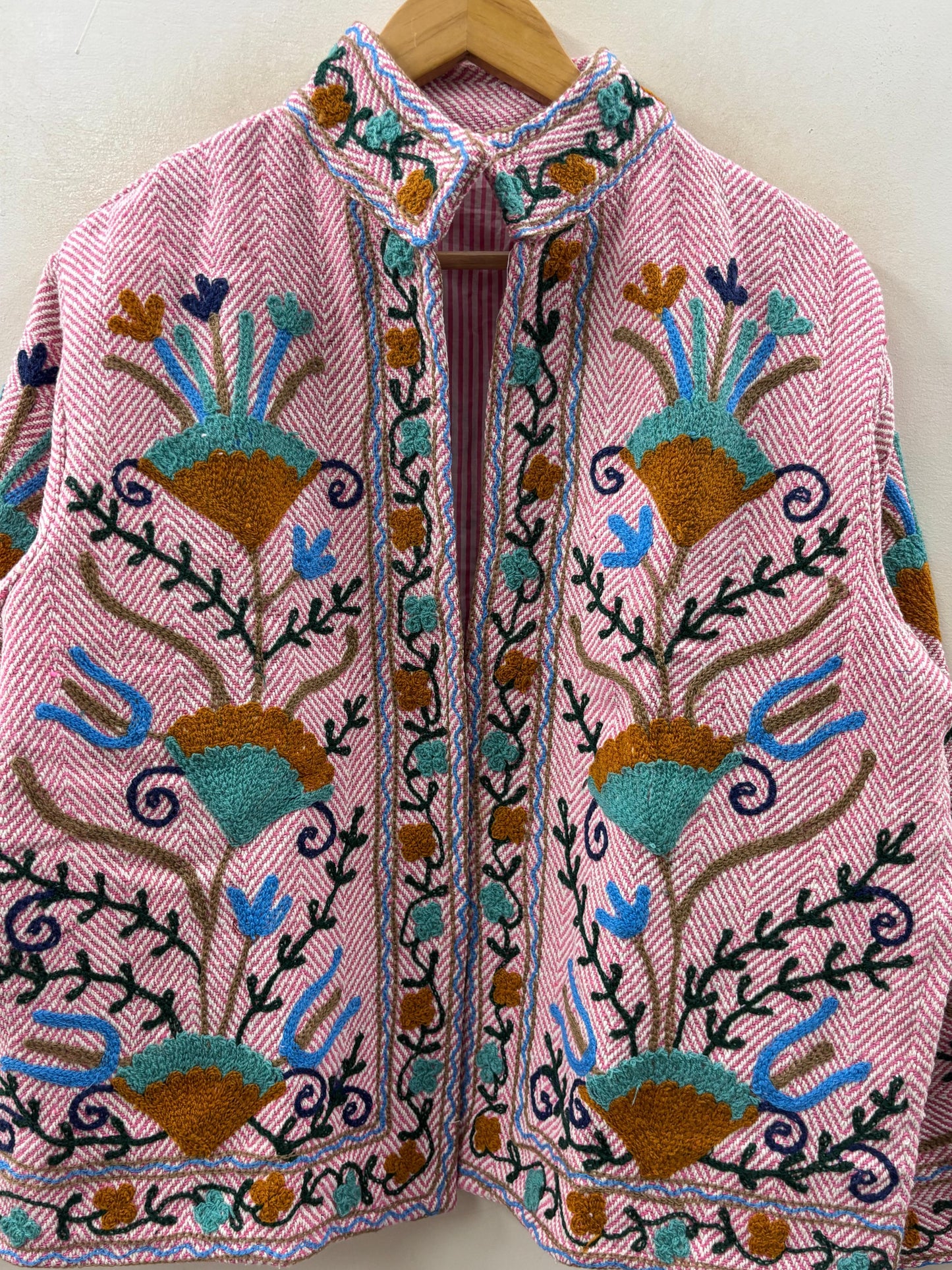 The Garden of Isphahan — Crewel Embroidered Cotton Jacket — Raspberry Herringbone - Default Title - Zoshak Jacket