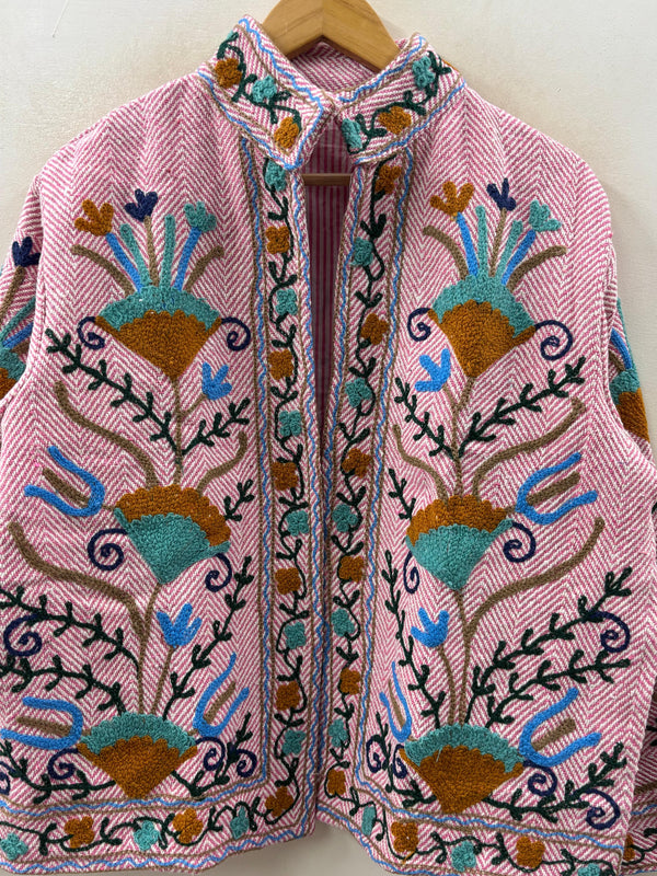 The Garden of Isphahan — Crewel Embroidered Cotton Jacket — Raspberry Herringbone - Default Title - Zoshak Jacket