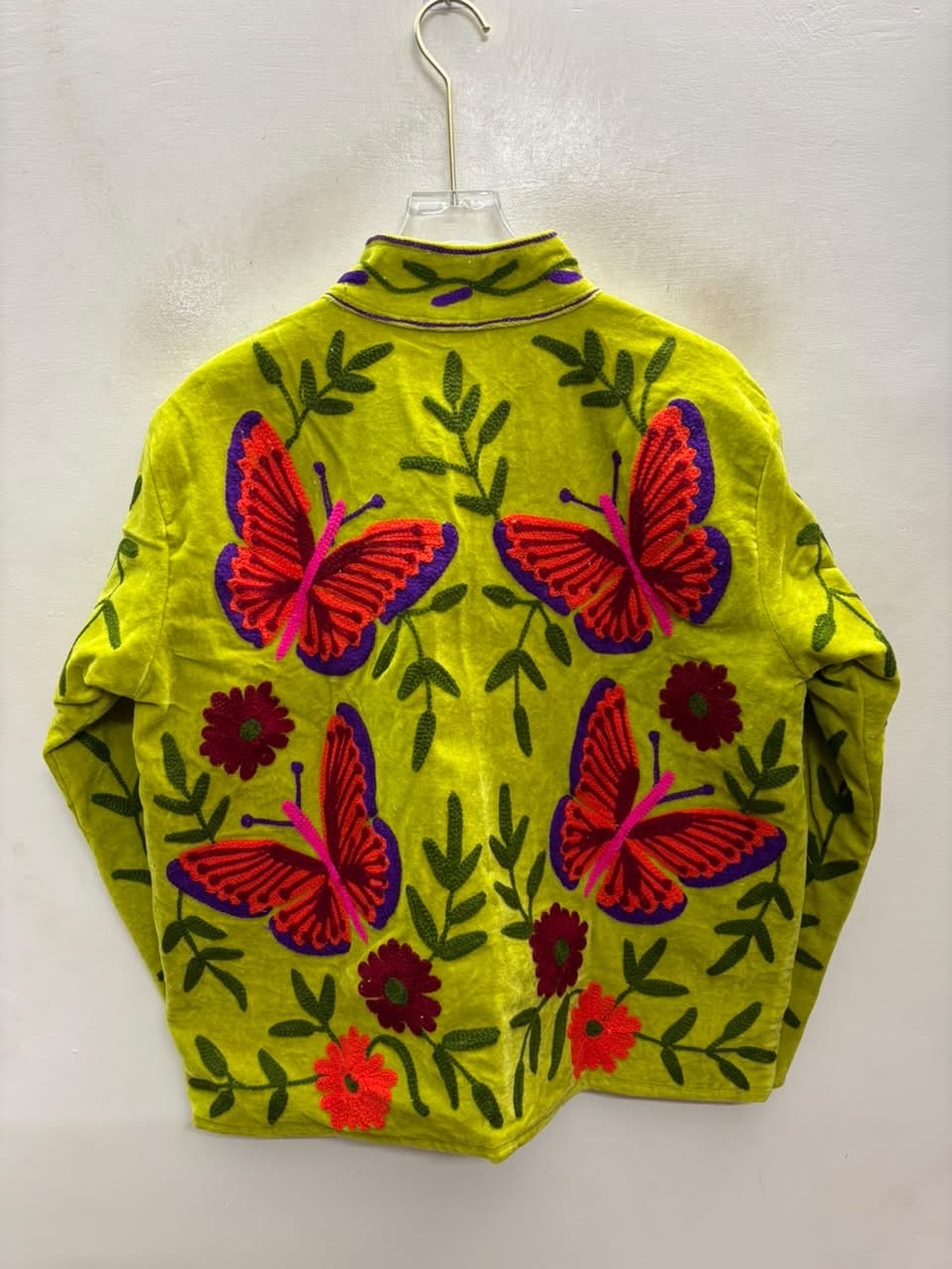 The Titli Chaman — Suzani Hand-Embroidered Velvet Jacket — Chartreuse Green with Crimson Butterflies & Garnet Florals