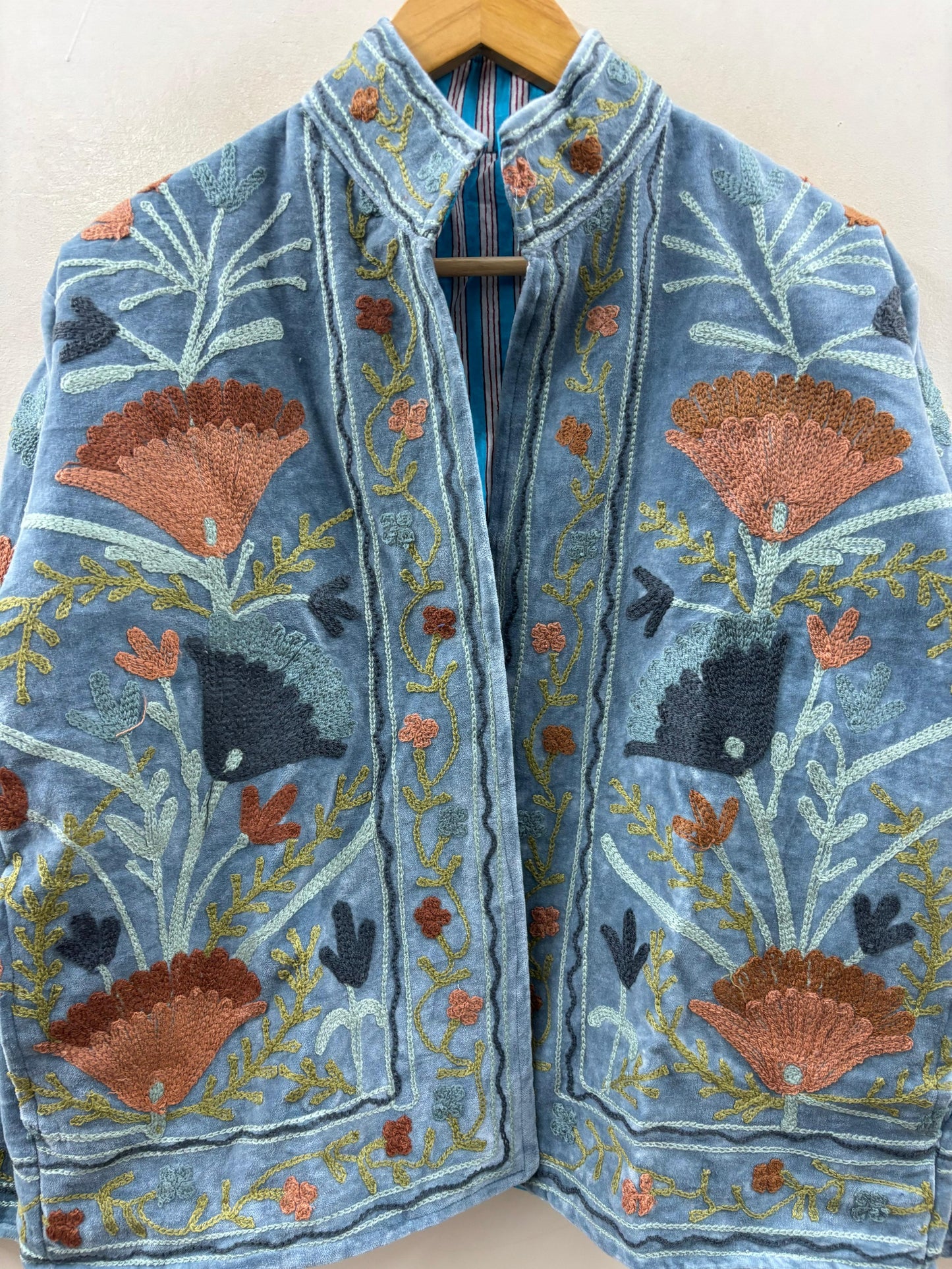 The Garden of Dusk — Suzani Hand-Embroidered Velvet Jacket — Washed Slate Blue - Default Title - Zoshak Jacket