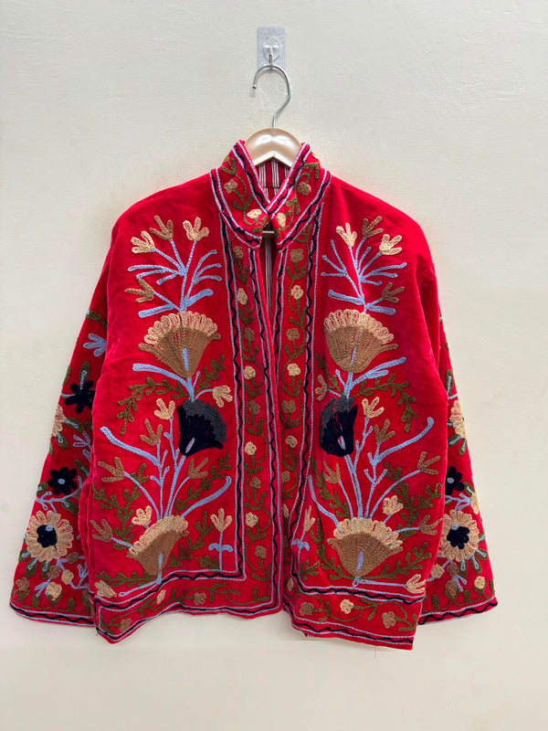 The Anaar Bloom — Suzani Embroidered Velvet Jacket — Crimson Red with Sage & Sand Florals