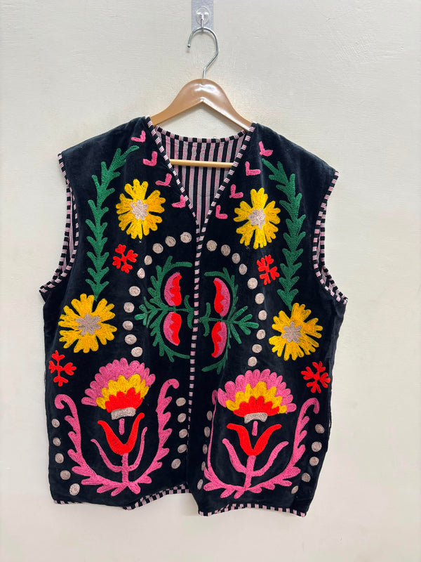 The Marigold Bloom — Suzani Embroidered Velvet Vest — Jet Black with Sunflower Gold & Rose Pink
