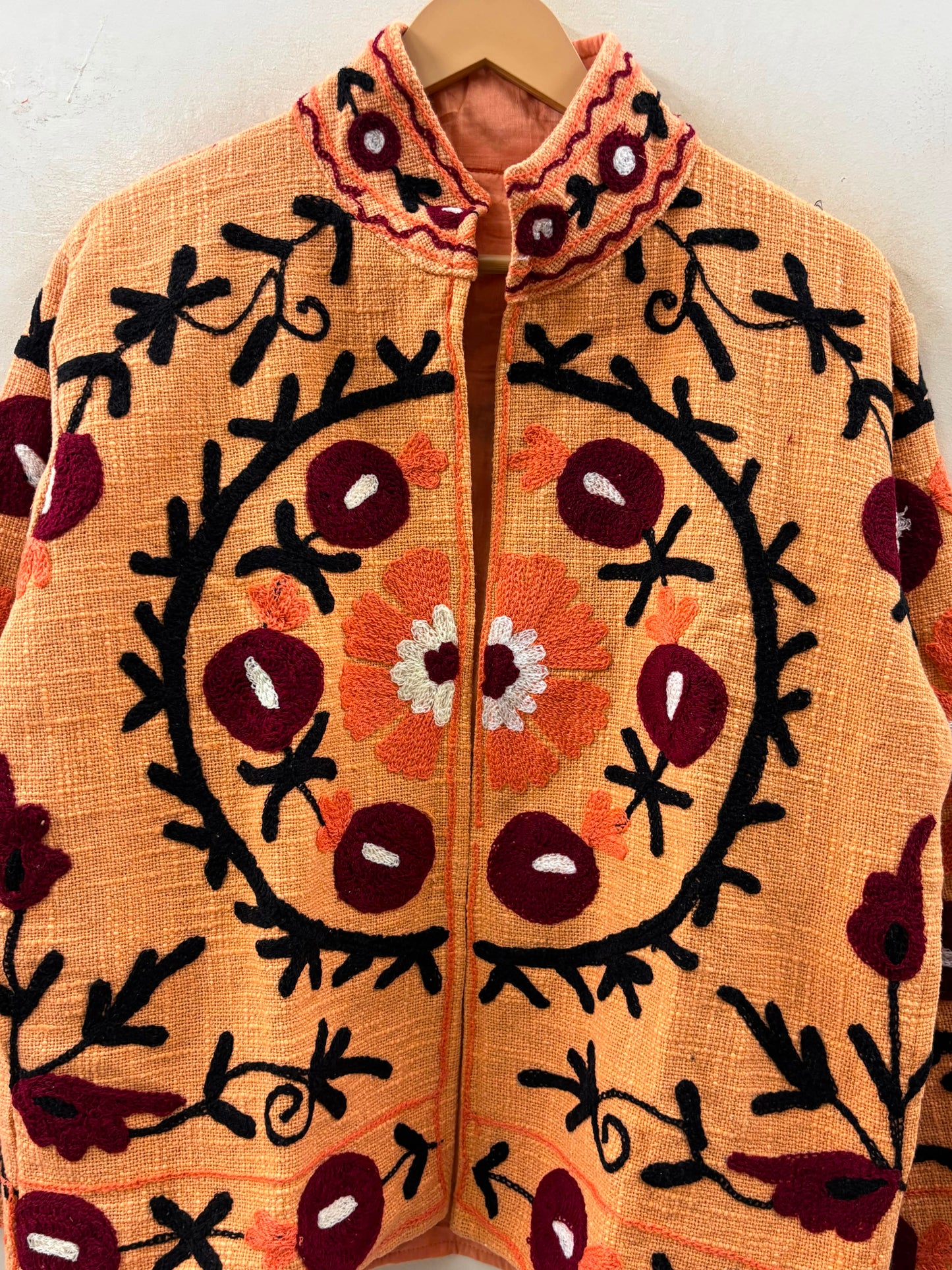 The Marigold Suzani — Hand-Embroidered Cotton Jacket — Saffron with Wine & Ivory Blooms