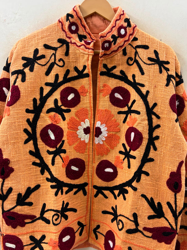 The Marigold Suzani — Hand-Embroidered Cotton Jacket — Saffron with Wine & Ivory Blooms
