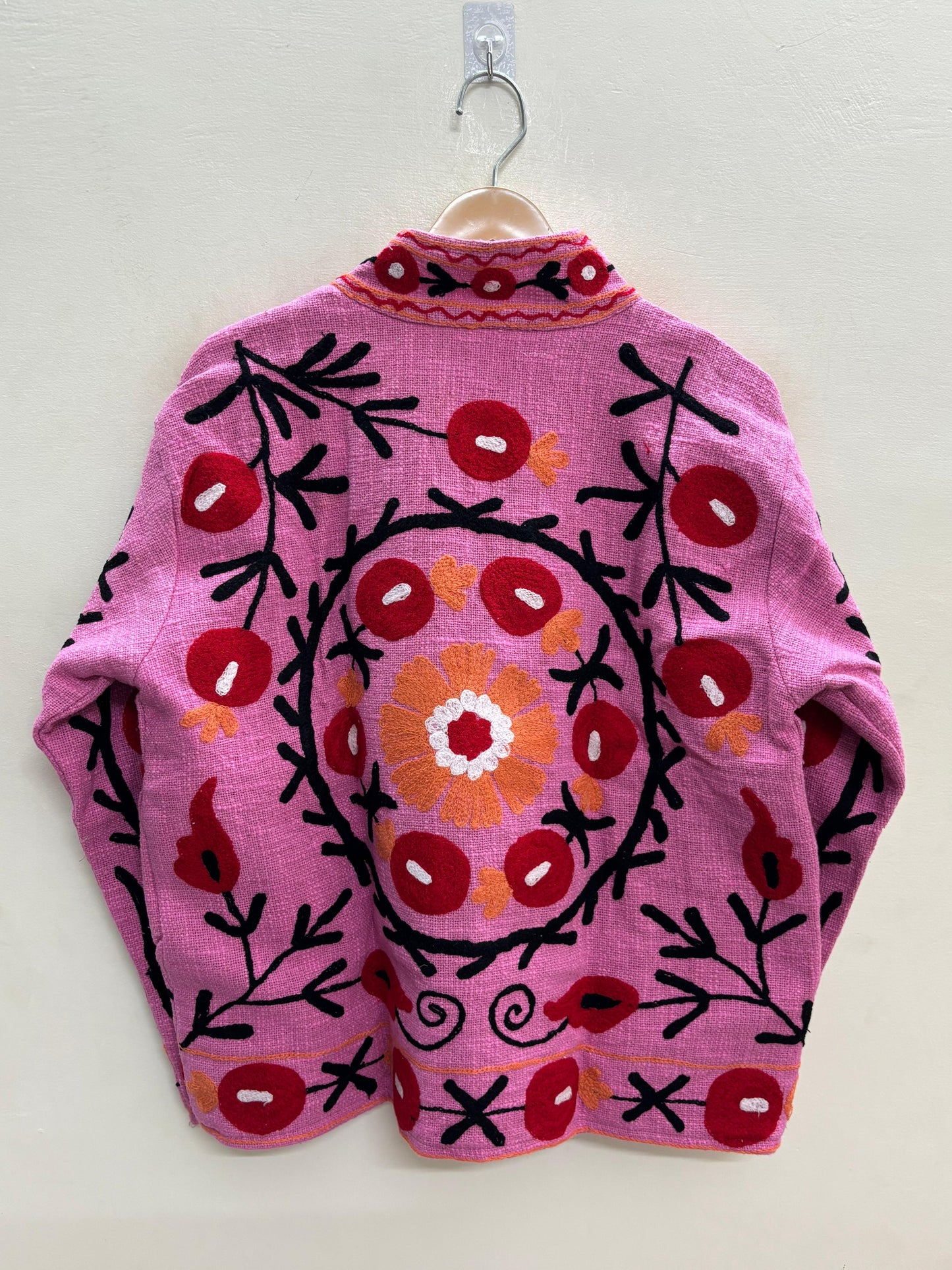 The Anaar Bagh — Suzani Embroidered Cotton Jacket — Blush Pink with Crimson Florals