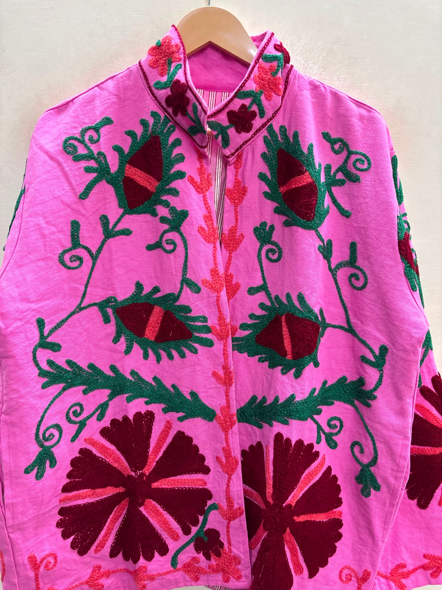 The Bibi Blossom — Suzani Hand-Embroidered Cotton Jacket — Fuchsia Pink with Maroon & Forest Green Florals