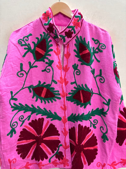The Bibi Blossom — Suzani Hand-Embroidered Cotton Jacket — Fuchsia Pink with Maroon & Forest Green Florals