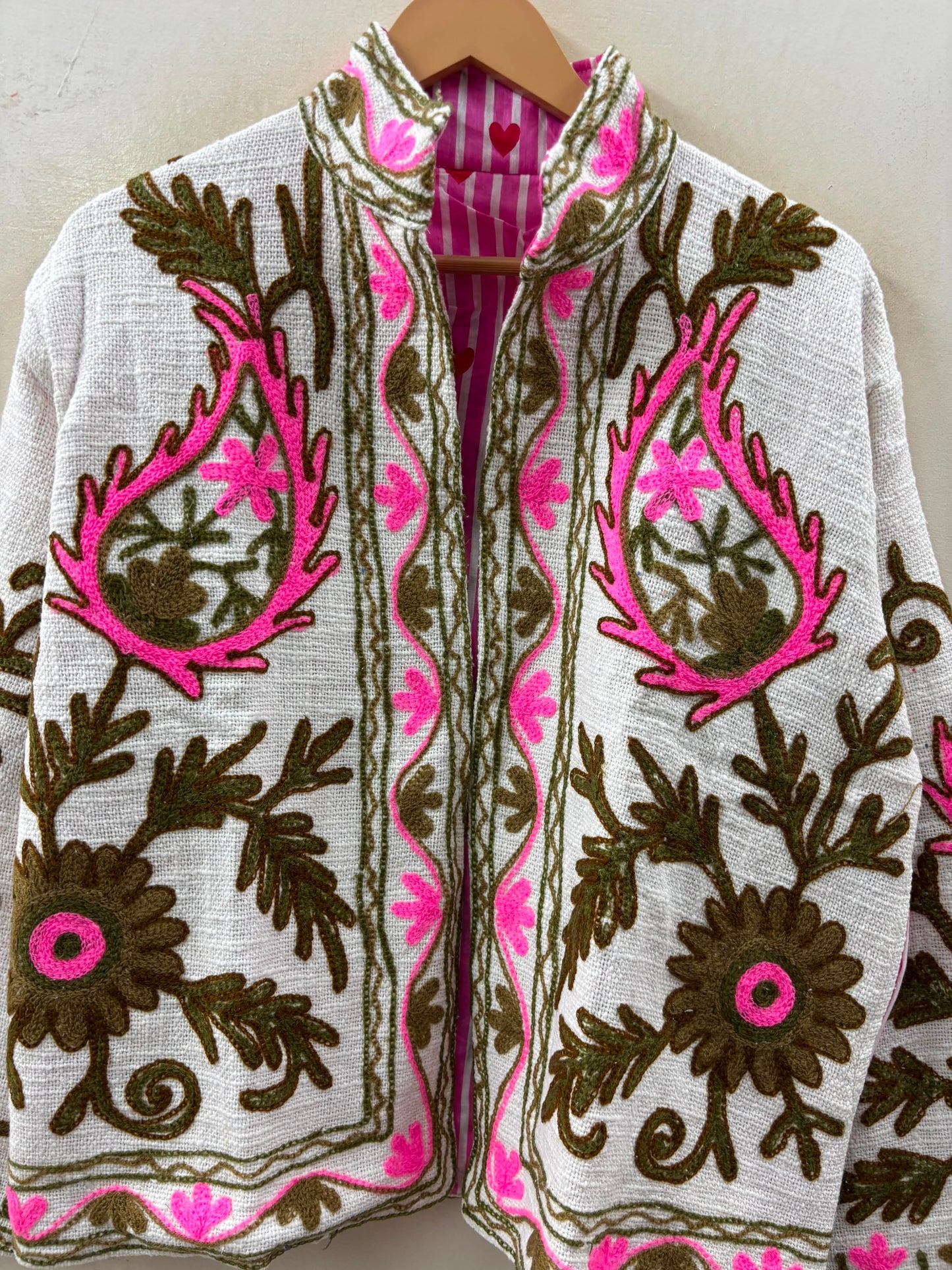 The Zafira — Hand-Embroidered Suzani Cotton Jacket — Ivory with Olive & Fuchsia Bloom