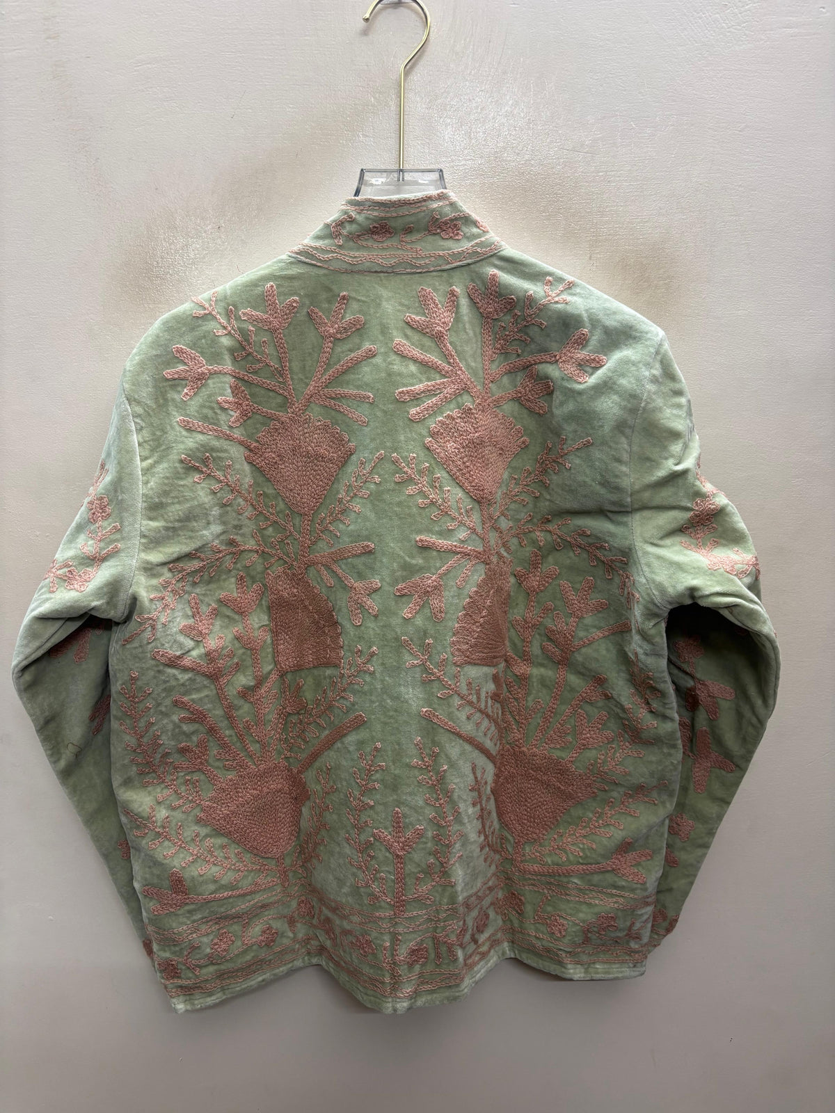 The Nasreen Orchard — Suzani Hand-Embroidered Velvet Jacket — Sage Green with Dusty Rose Florals