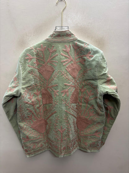 The Nasreen Orchard — Suzani Hand-Embroidered Velvet Jacket — Sage Green with Dusty Rose Florals