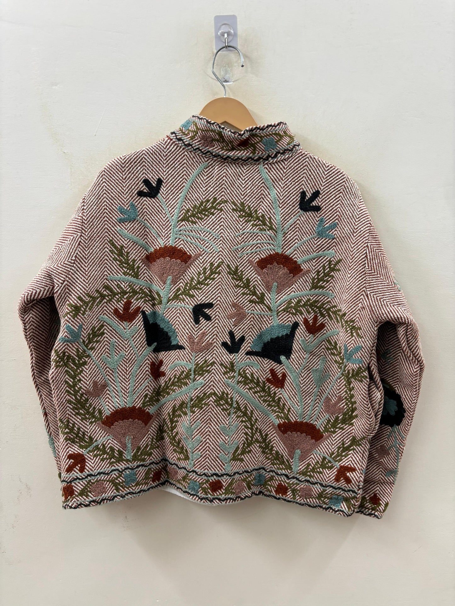 The Garden of Wandering Birds — Crewel Embroidered Herringbone Cotton Jacket — Dusty Rose & Ivory - Default Title - Zoshak Jacket